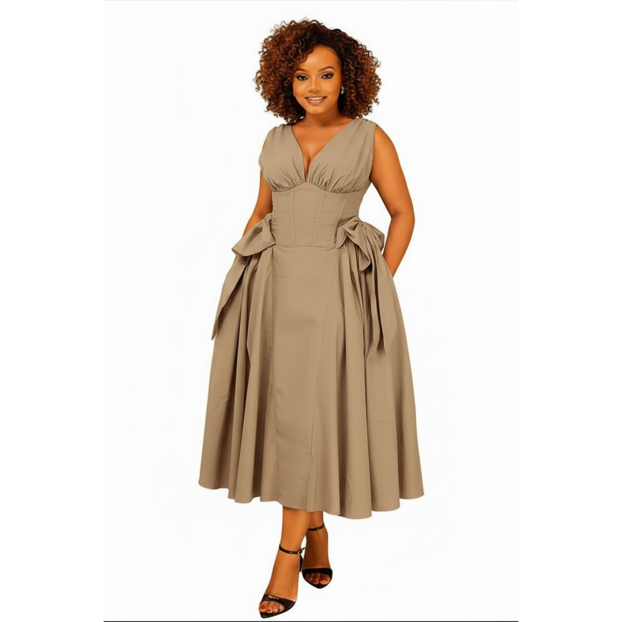 V-neck Skater Dress featuring Side Corset Details and Bows