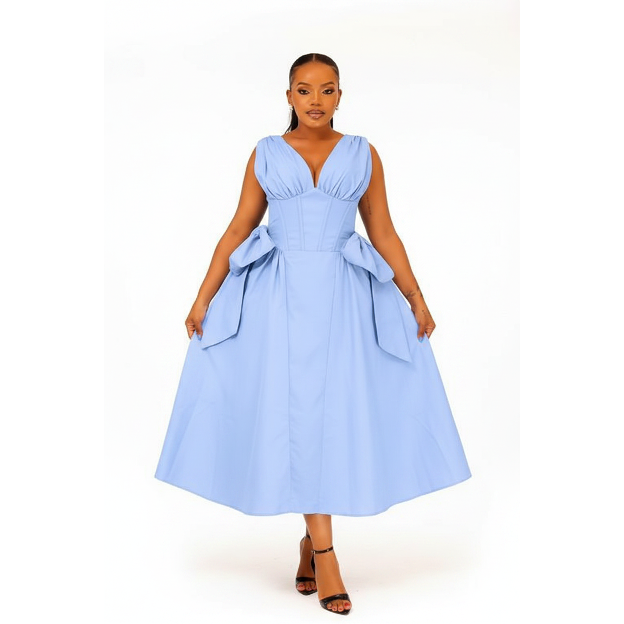 V-neck Skater Dress featuring Side Corset Details and Bows