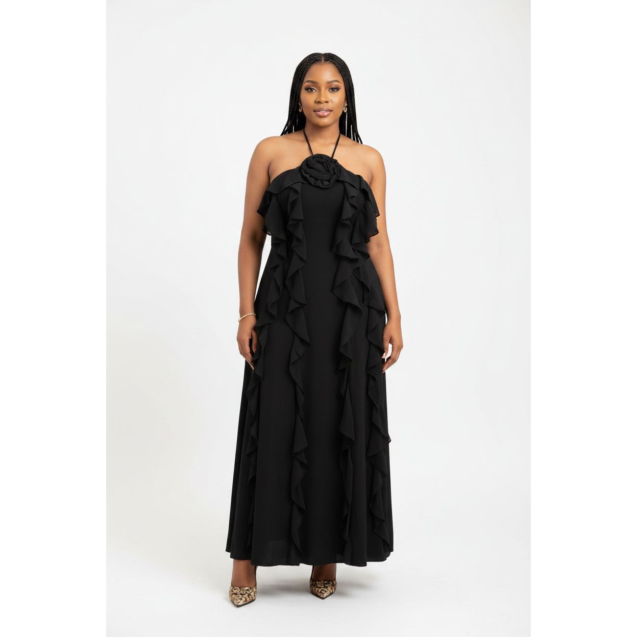 3D Floral Accent Halter Vertical Ruffle Maxi Dress