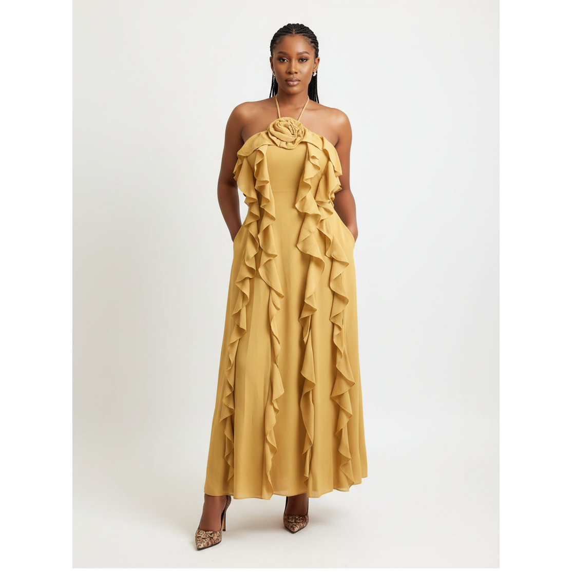 3D Floral Accent Halter Vertical Ruffle Maxi Dress
