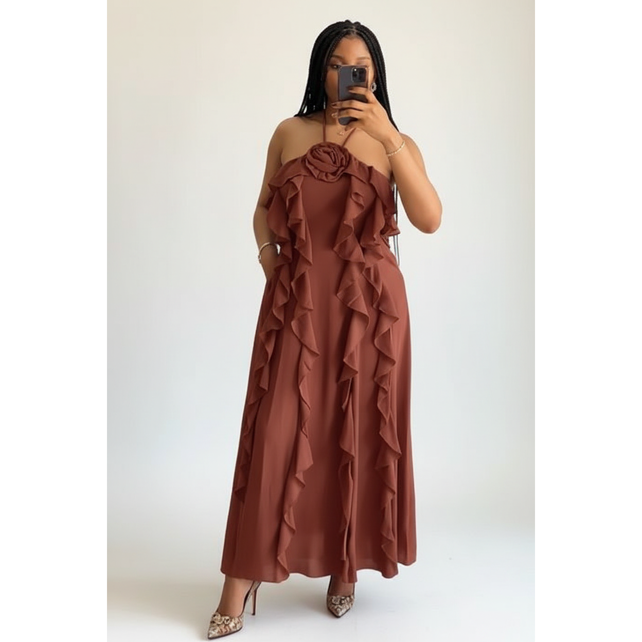 3D Floral Accent Halter Vertical Ruffle Maxi Dress