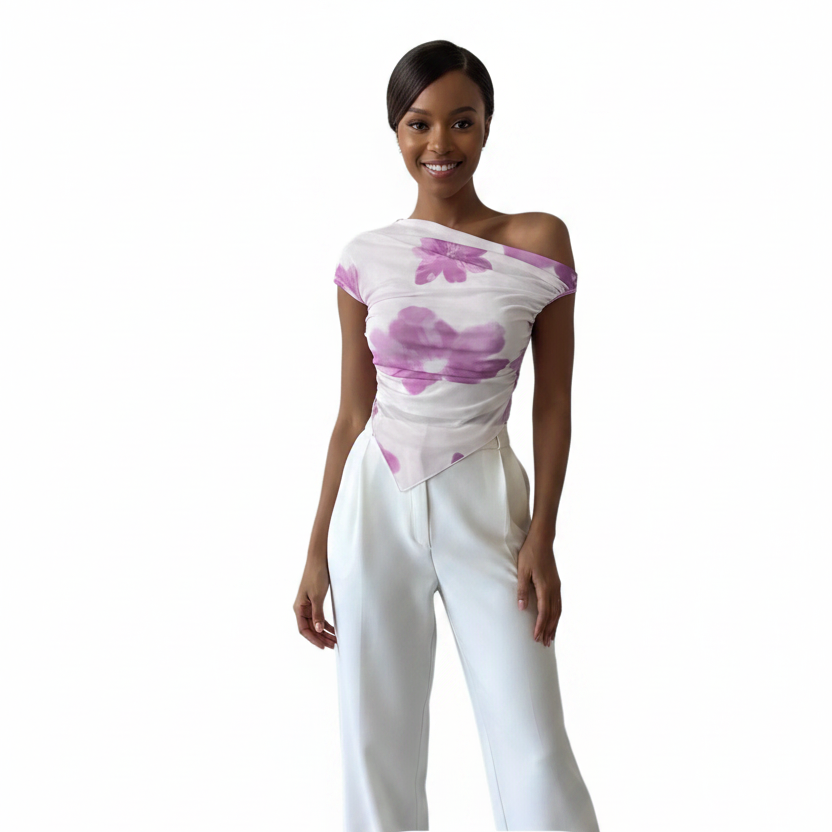 Floral Print Asymmetric Hem Fitted T-shirt