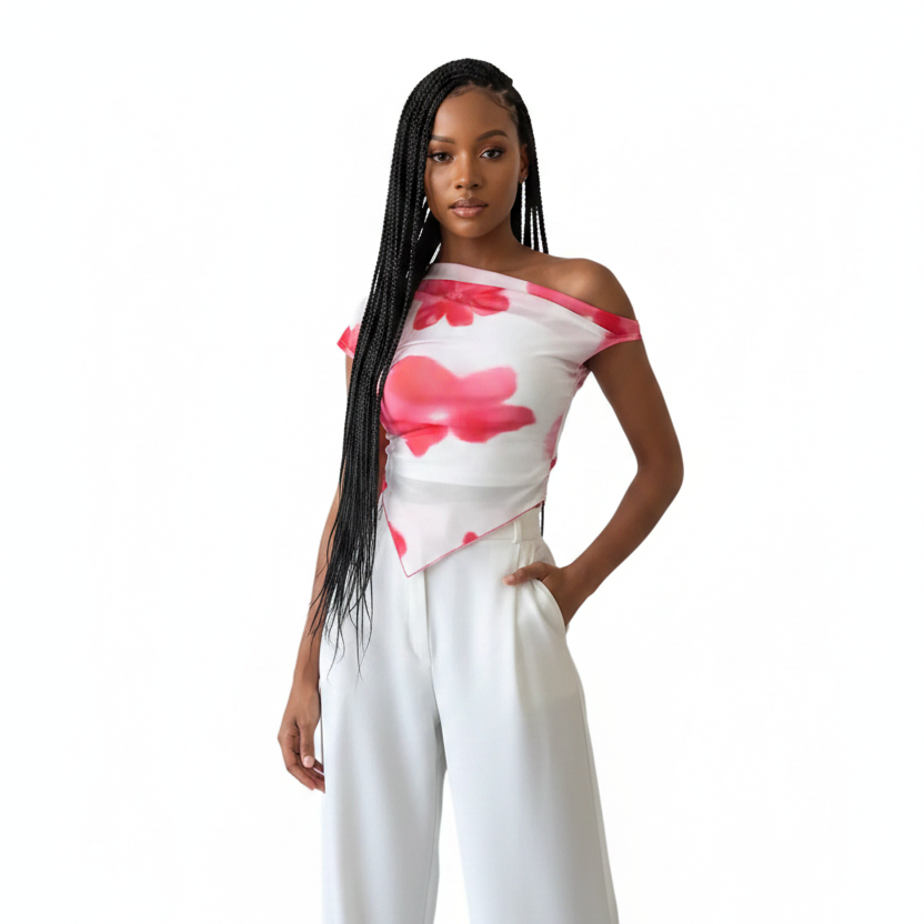 Floral Print Asymmetric Hem Fitted T-shirt