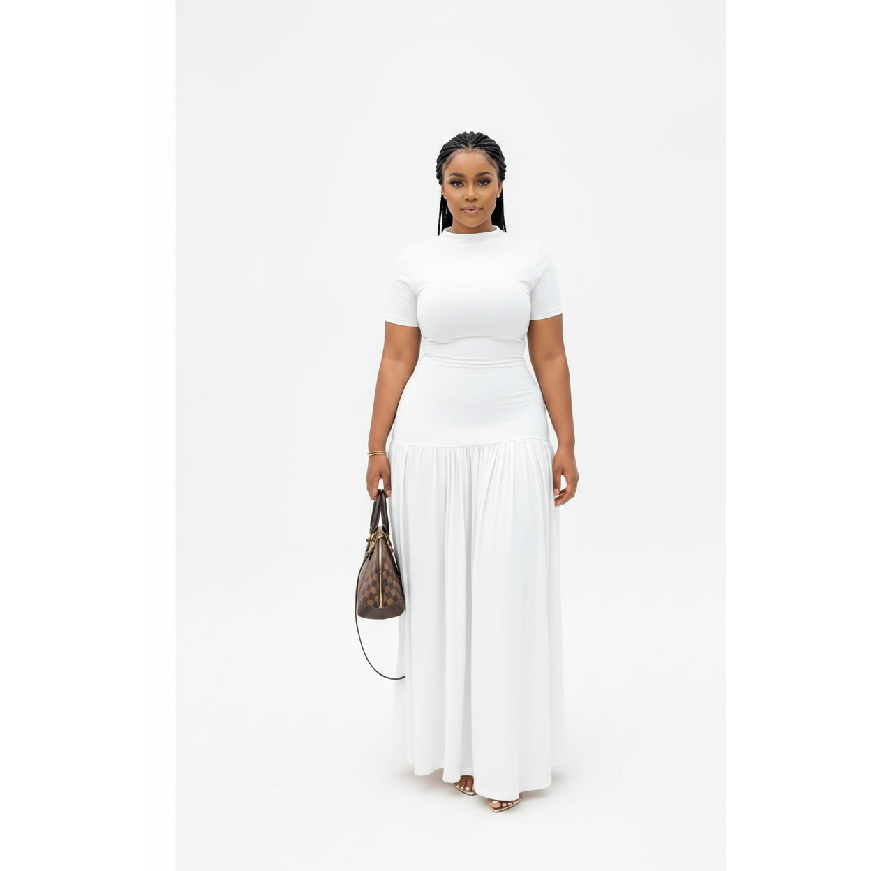 Short Sleeve Mock-Neck Ruched Maxi Dress