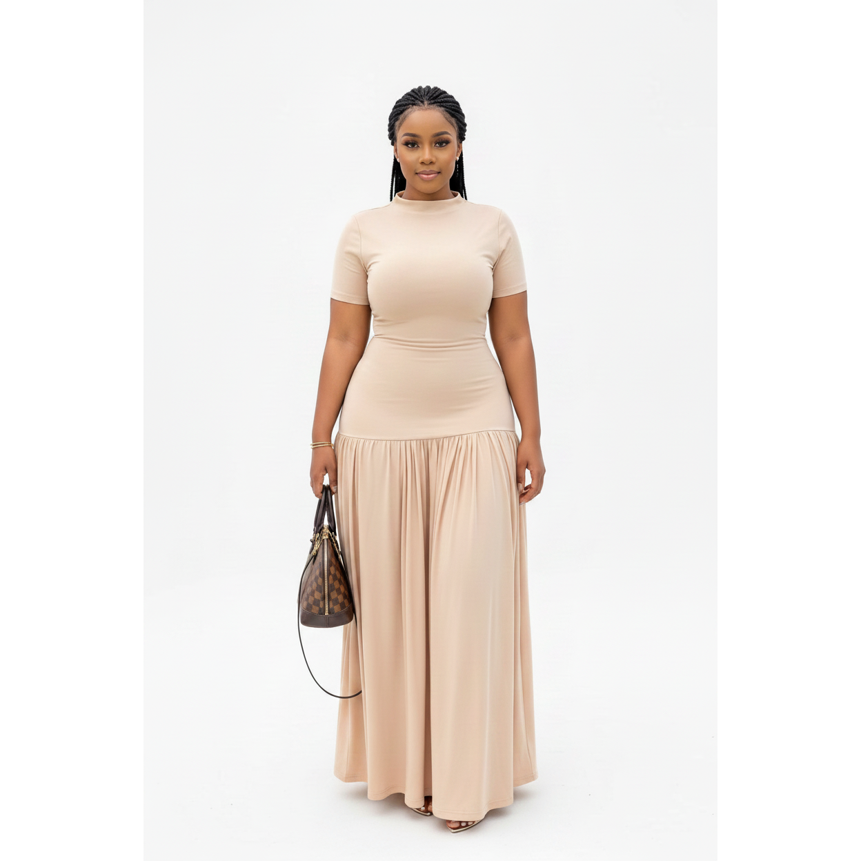 Short Sleeve Mock-Neck Ruched Maxi Dress