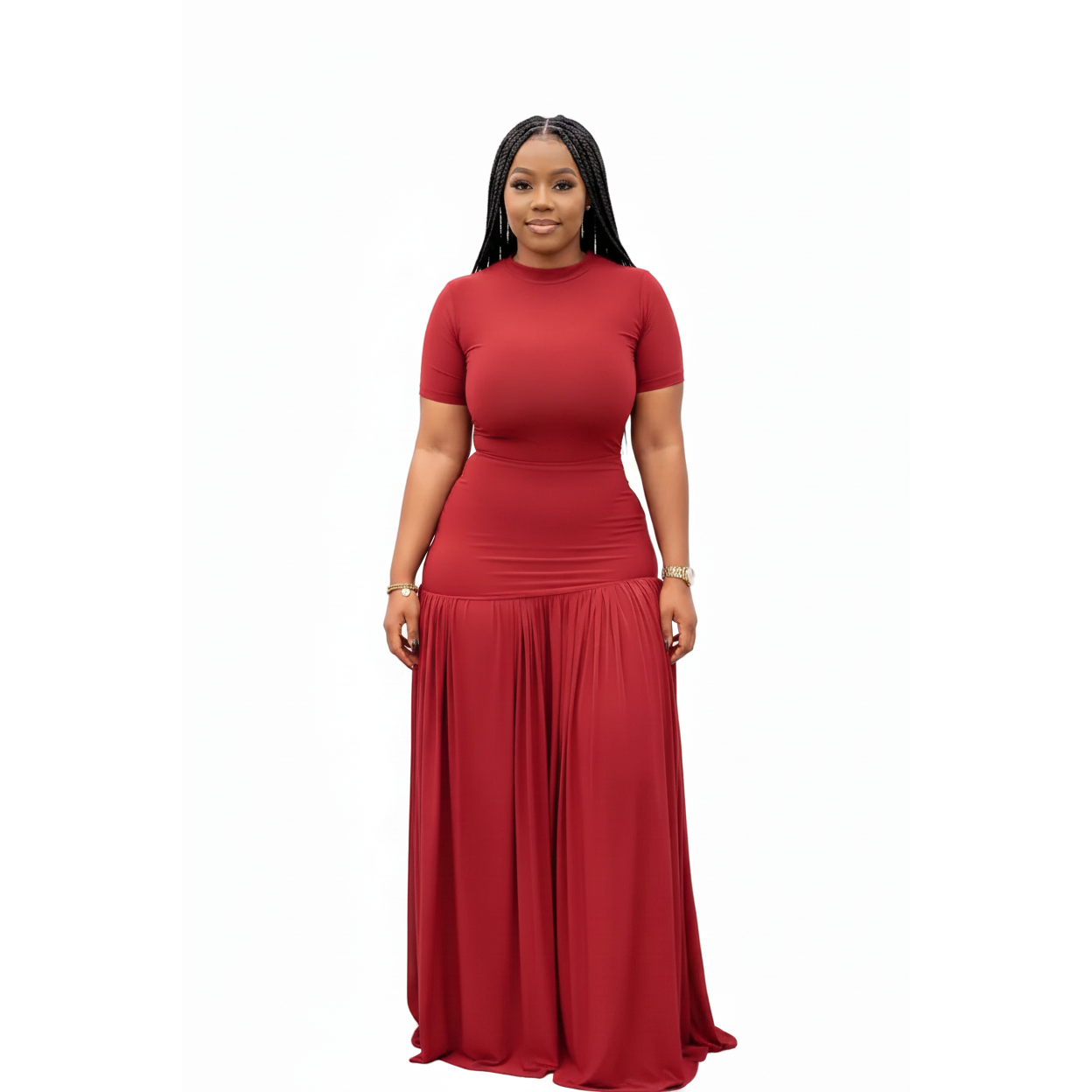 Short Sleeve Mock-Neck Ruched Maxi Dress