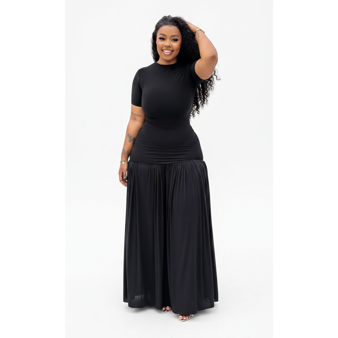 Short Sleeve Mock-Neck Ruched Maxi Dress