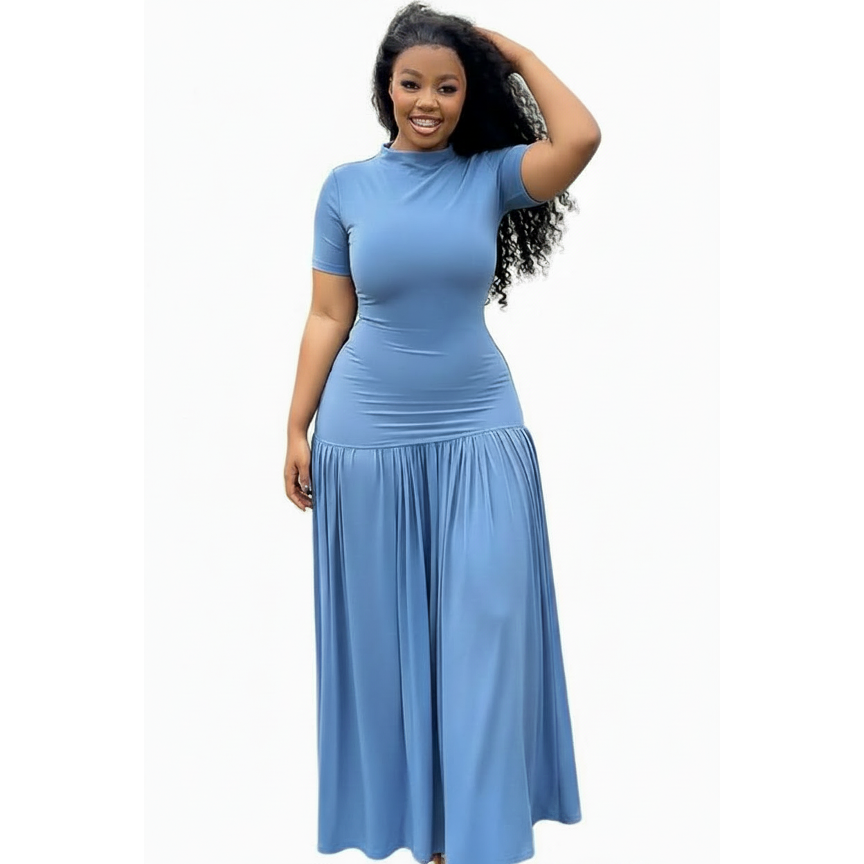 Short Sleeve Mock-Neck Ruched Maxi Dress