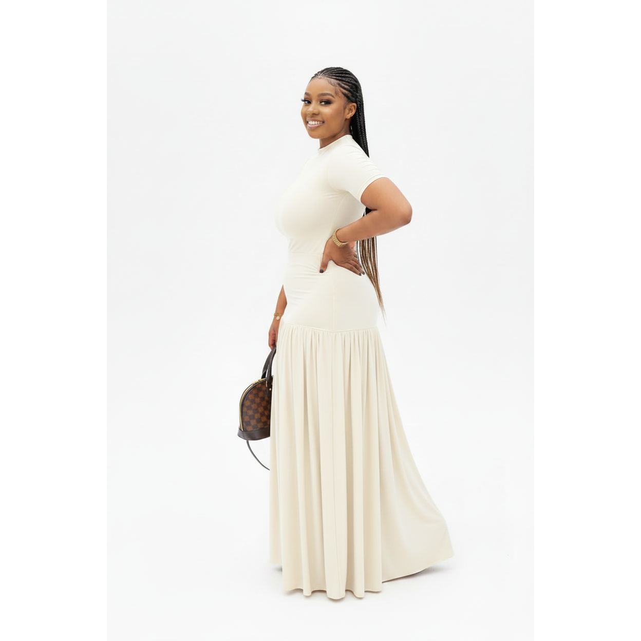 Short Sleeve Mock-Neck Ruched Maxi Dress