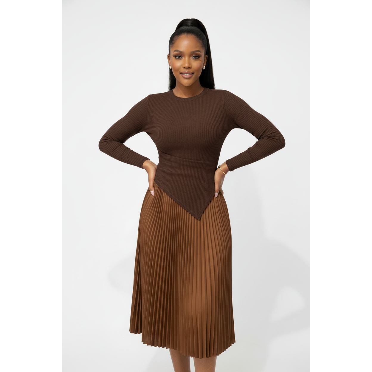 Ribbed Slim-fit Long-sleeve Asymmetrical Hems Tops