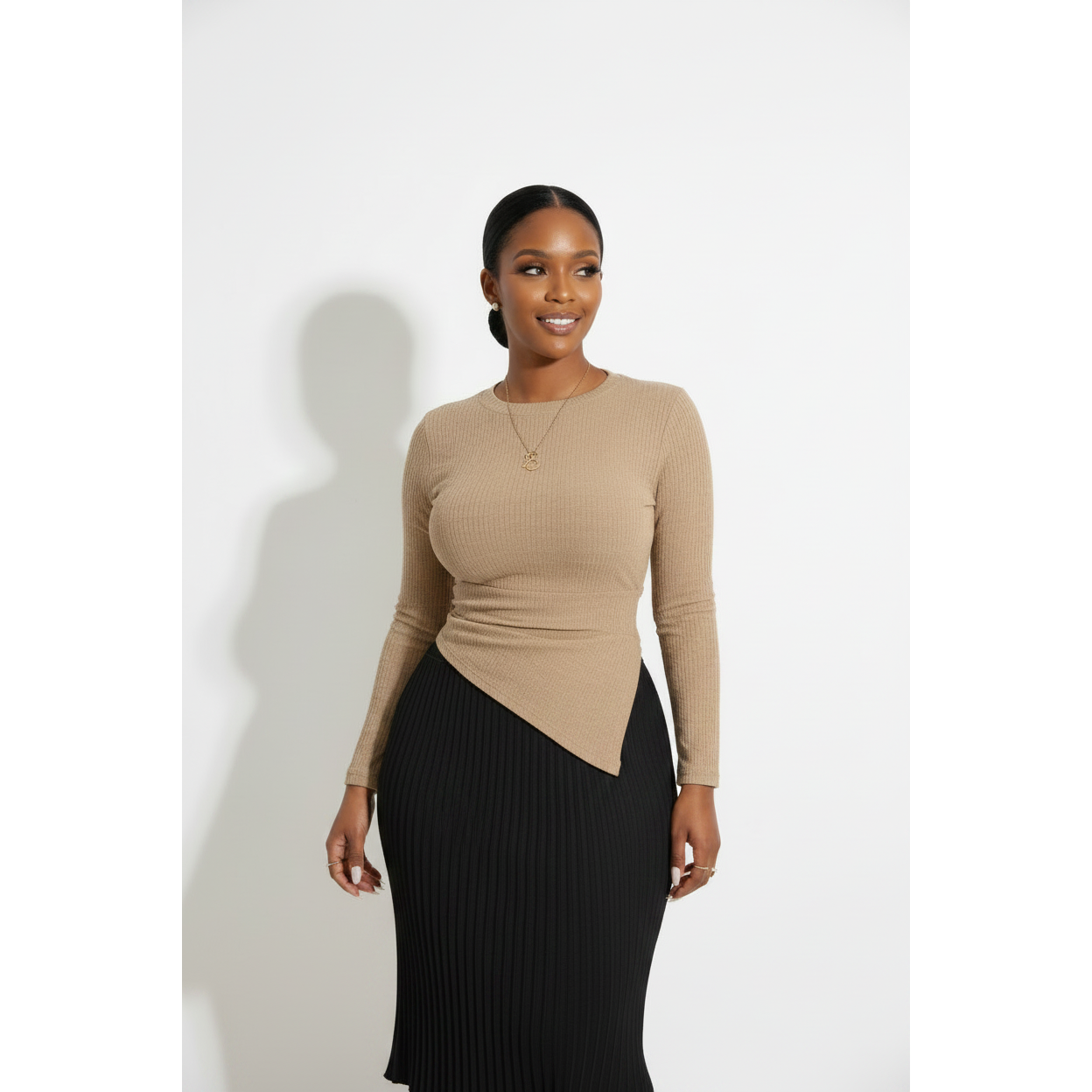 Ribbed Slim-fit Long-sleeve Asymmetrical Hems Tops
