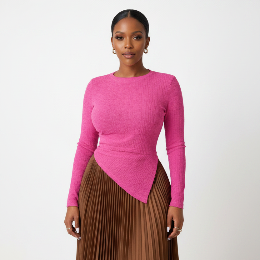 Ribbed Slim-fit Long-sleeve Asymmetrical Hems Tops