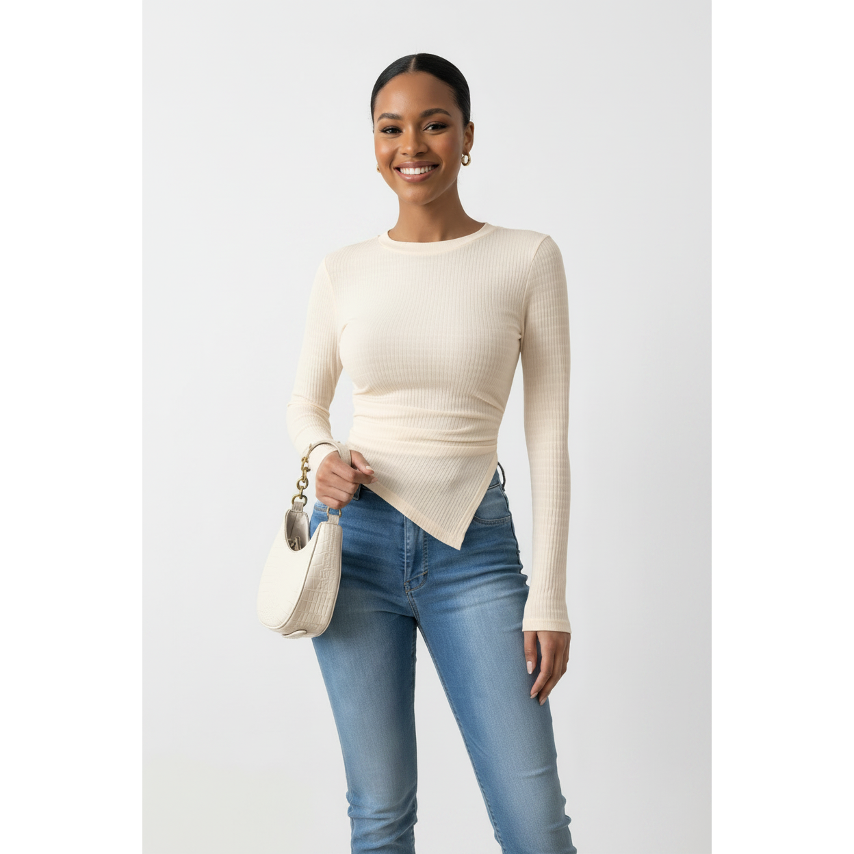 Ribbed Slim-fit Long-sleeve Asymmetrical Hems Tops