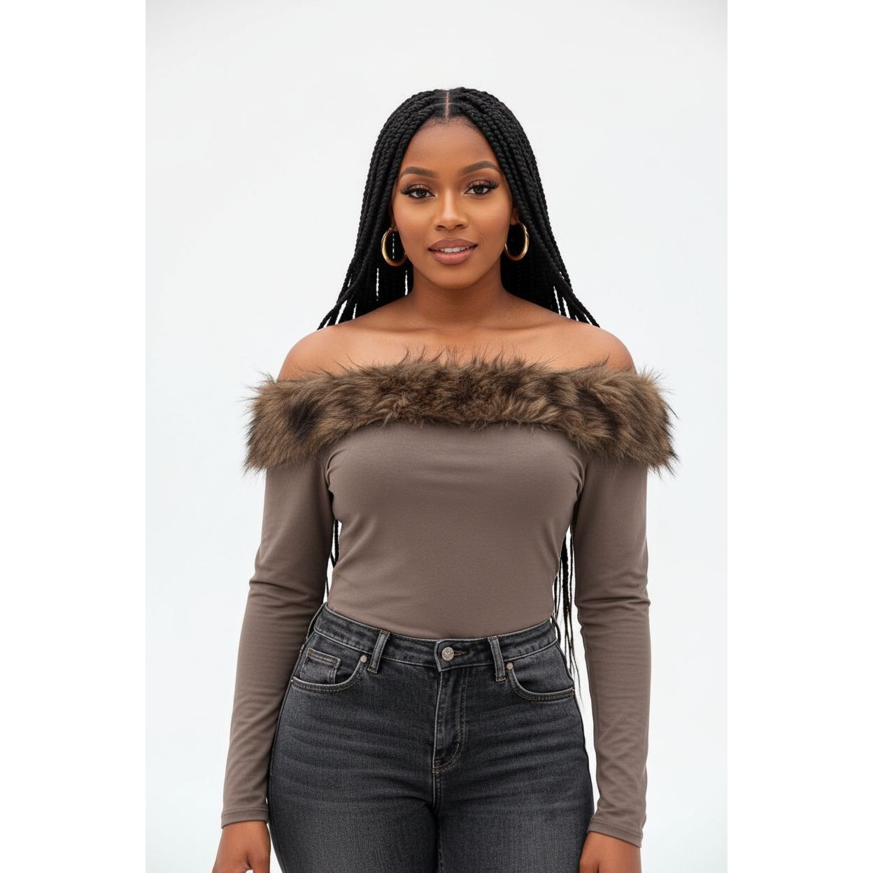 Faux Fur Patchwork Off-shoulder Long-Sleeve Top