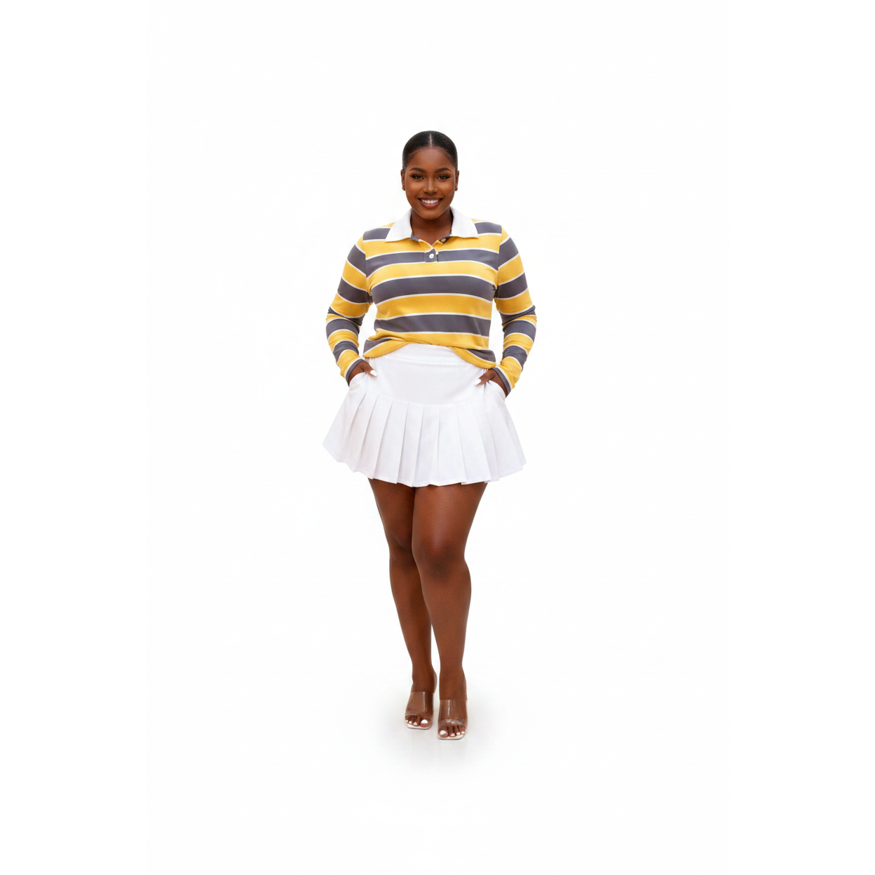 Striped Long-sleeve Oversized Polo Tops