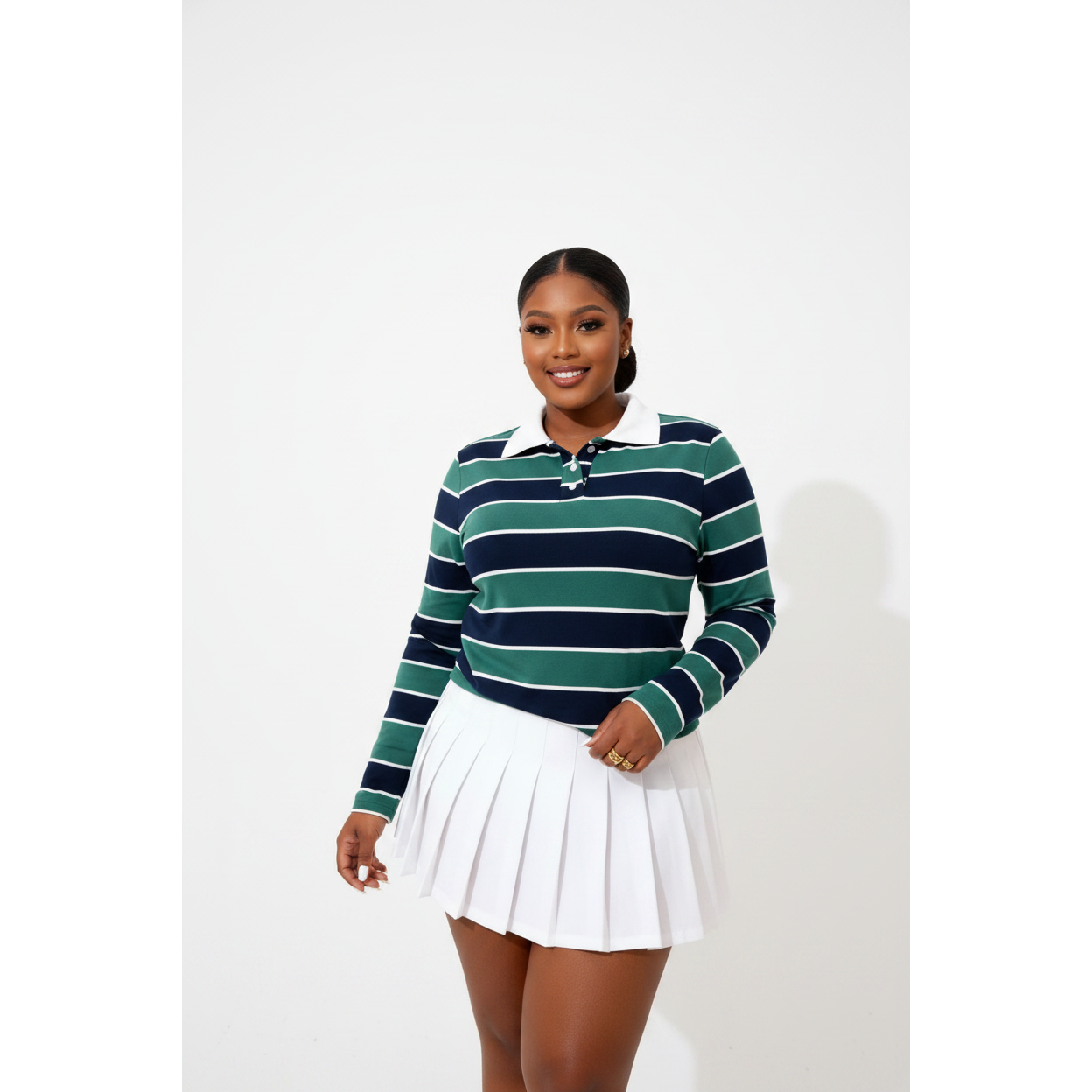 Striped Long-sleeve Oversized Polo Tops