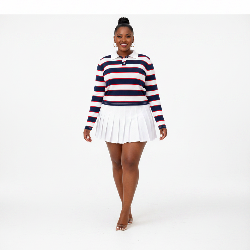 Striped Long-sleeve Oversized Polo Tops