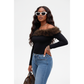 Faux Fur Patchwork Off-shoulder Long-Sleeve Top