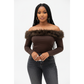 Faux Fur Patchwork Off-shoulder Long-Sleeve Top