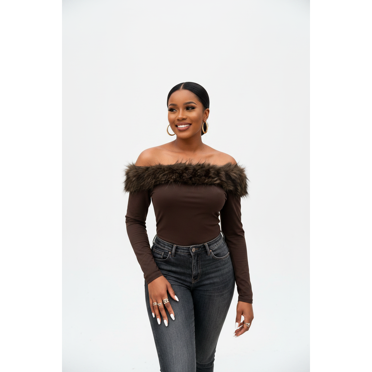 Faux Fur Patchwork Off-shoulder Long-Sleeve Top