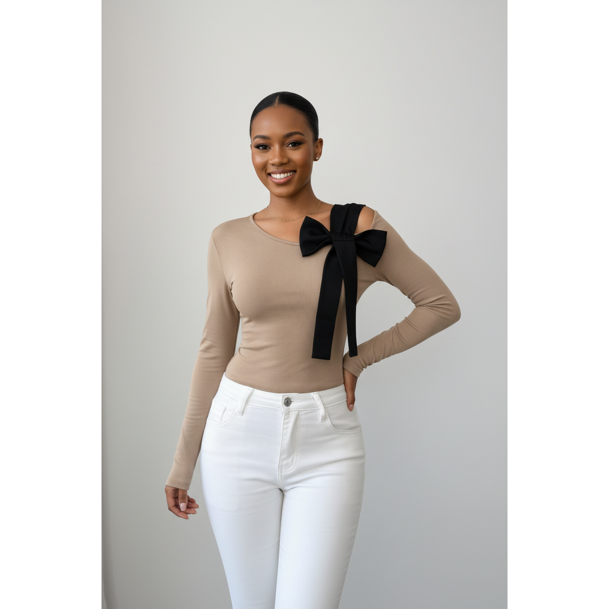 Ladies Elegant Off-the-shoulder Bowknot Long Sleeve Tops