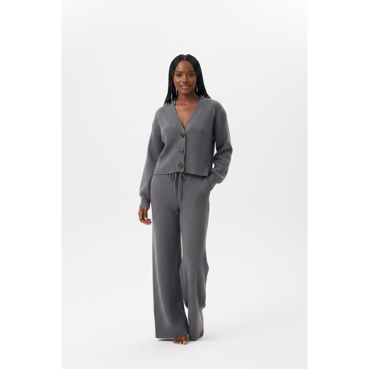 Ribbed Knit V-neck Cardigan and Drawstring Wide-leg Pant Set