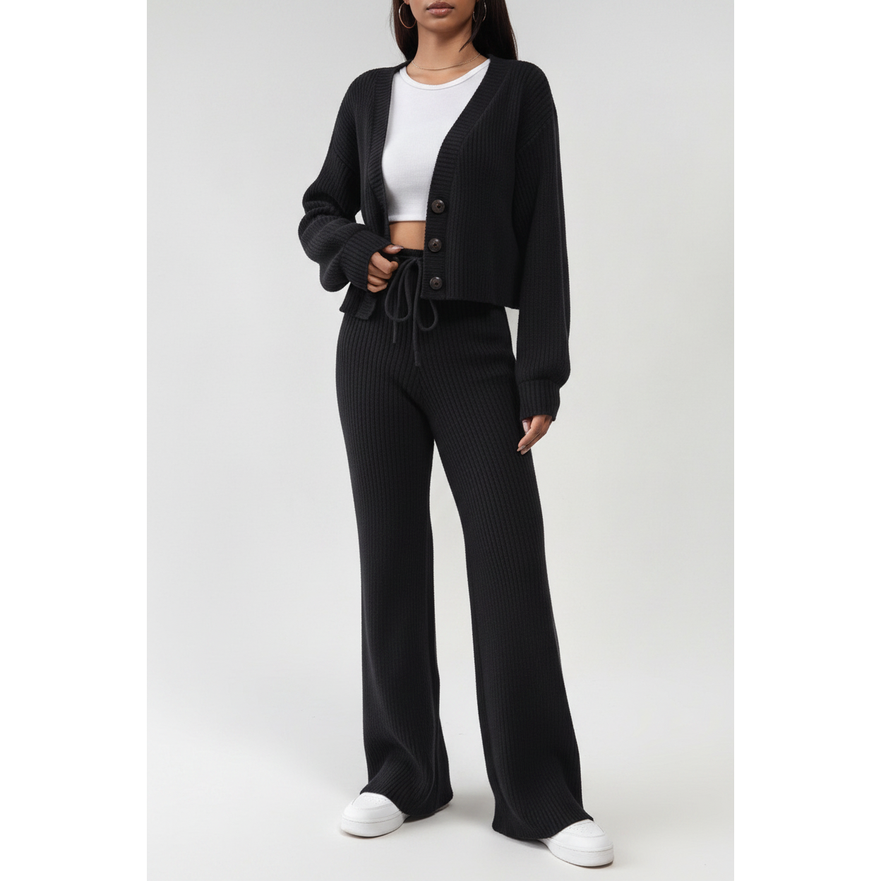 Ribbed Knit V-neck Cardigan and Drawstring Wide-leg Pant Set