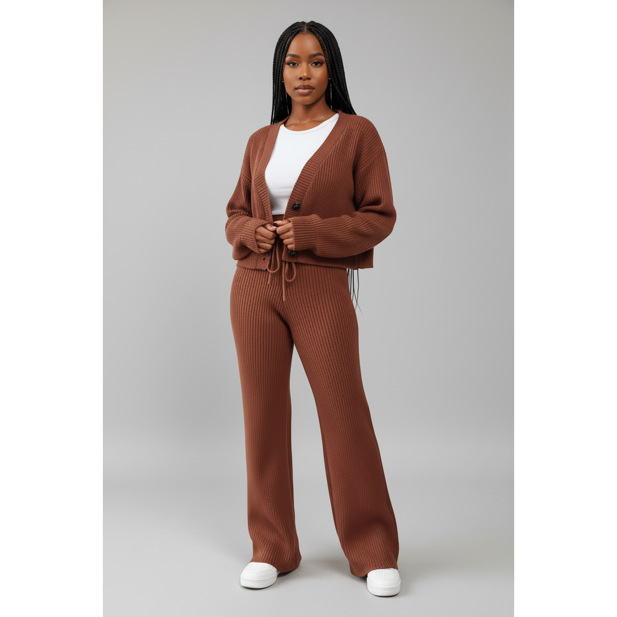 Ribbed Knit V-neck Cardigan and Drawstring Wide-leg Pant Set