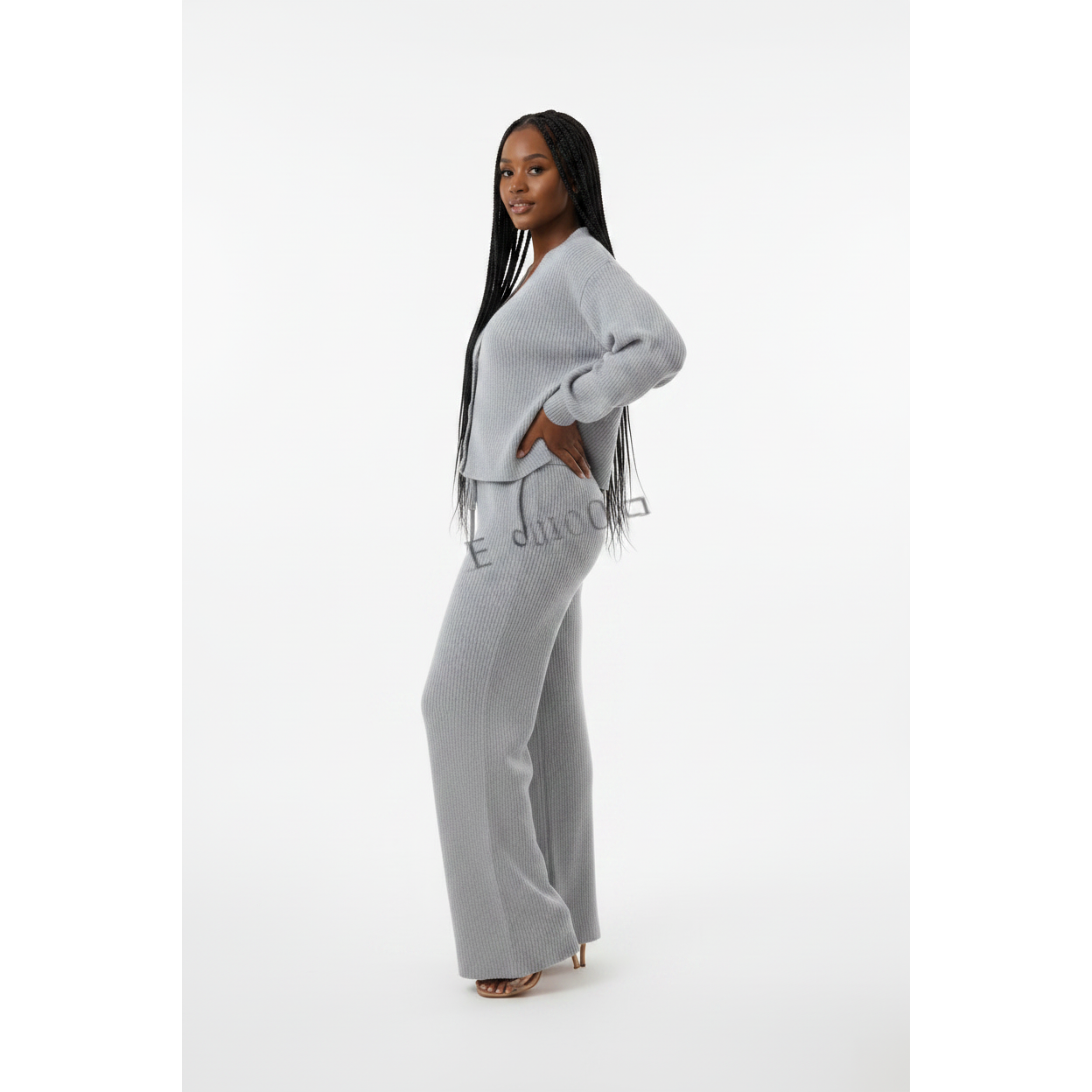 Ribbed Knit V-neck Cardigan and Drawstring Wide-leg Pant Set