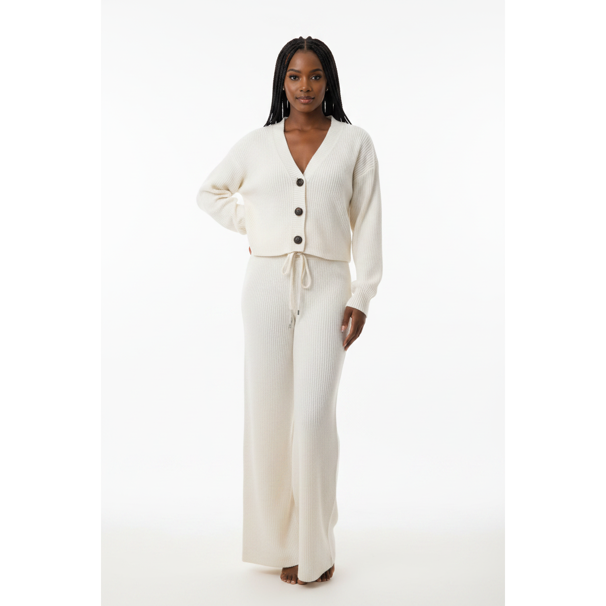 Ribbed Knit V-neck Cardigan and Drawstring Wide-leg Pant Set