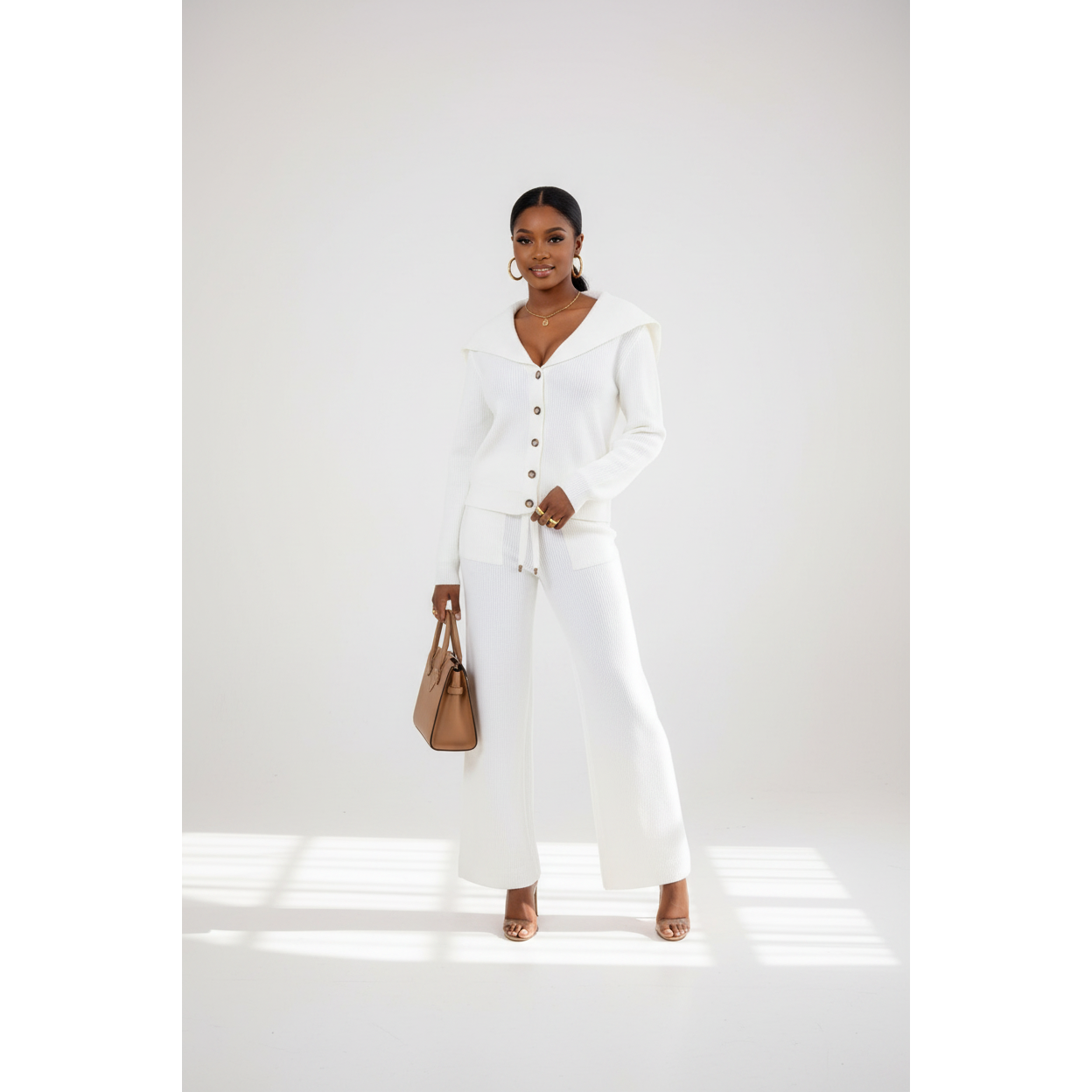 Long Sleeve Button Shirt and Flare Pants Set