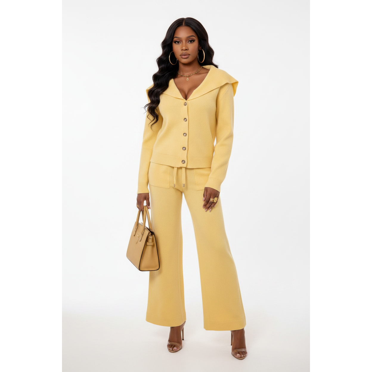 Long Sleeve Button Shirt and Flare Pants Set