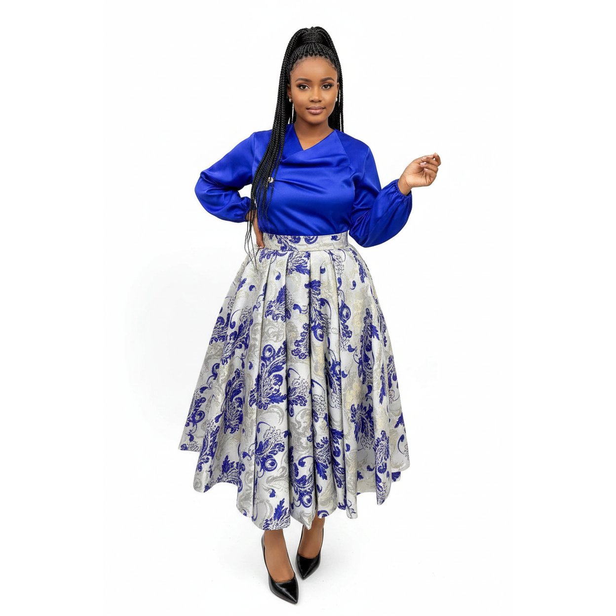 Long-sleeved Satin Blouses Paired with Maxi Skirts Set