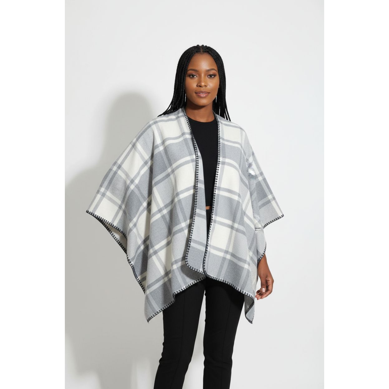 Plaid Blanket Open-Front Check Pattern Shawl