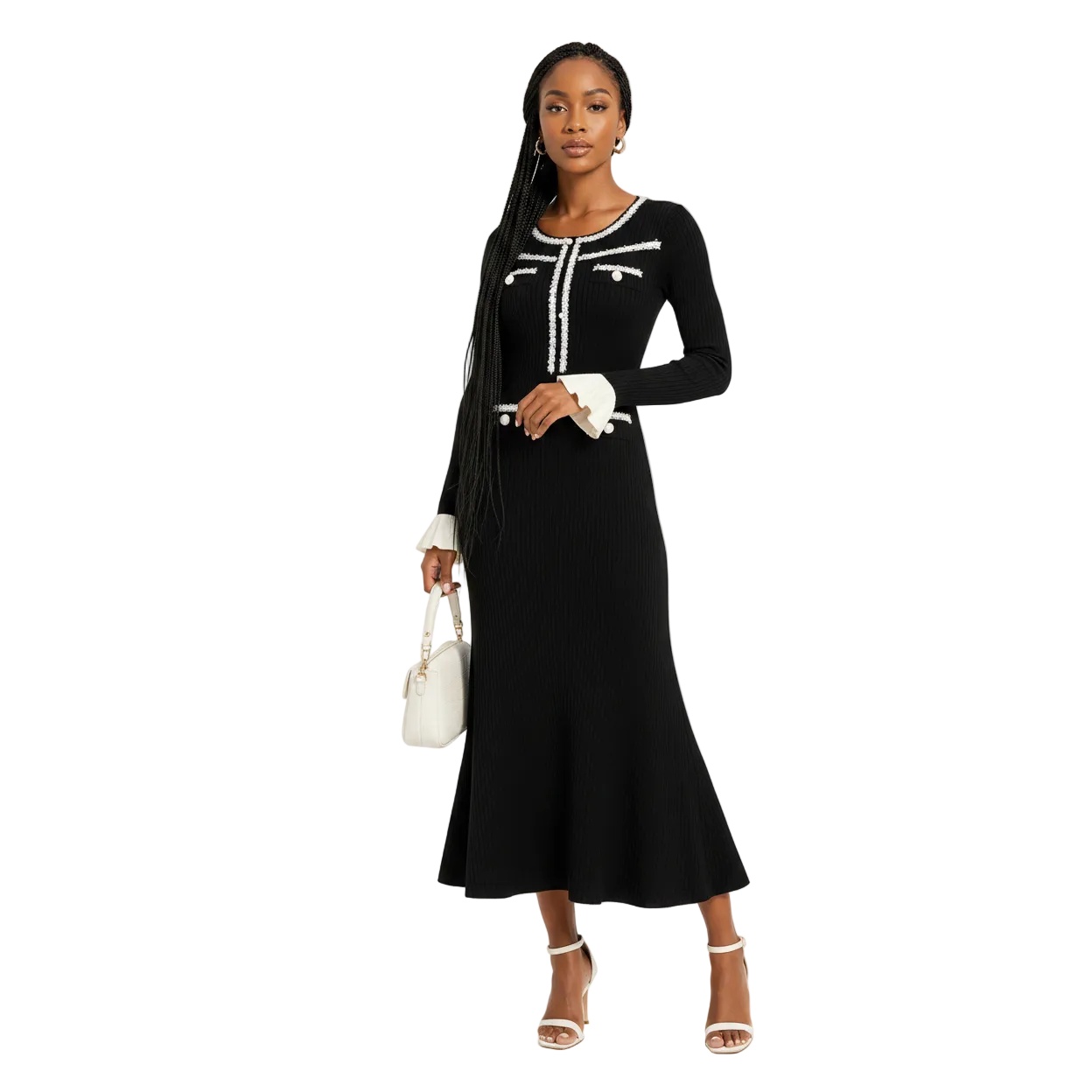 Elegant Knitted Trim Midi Dress