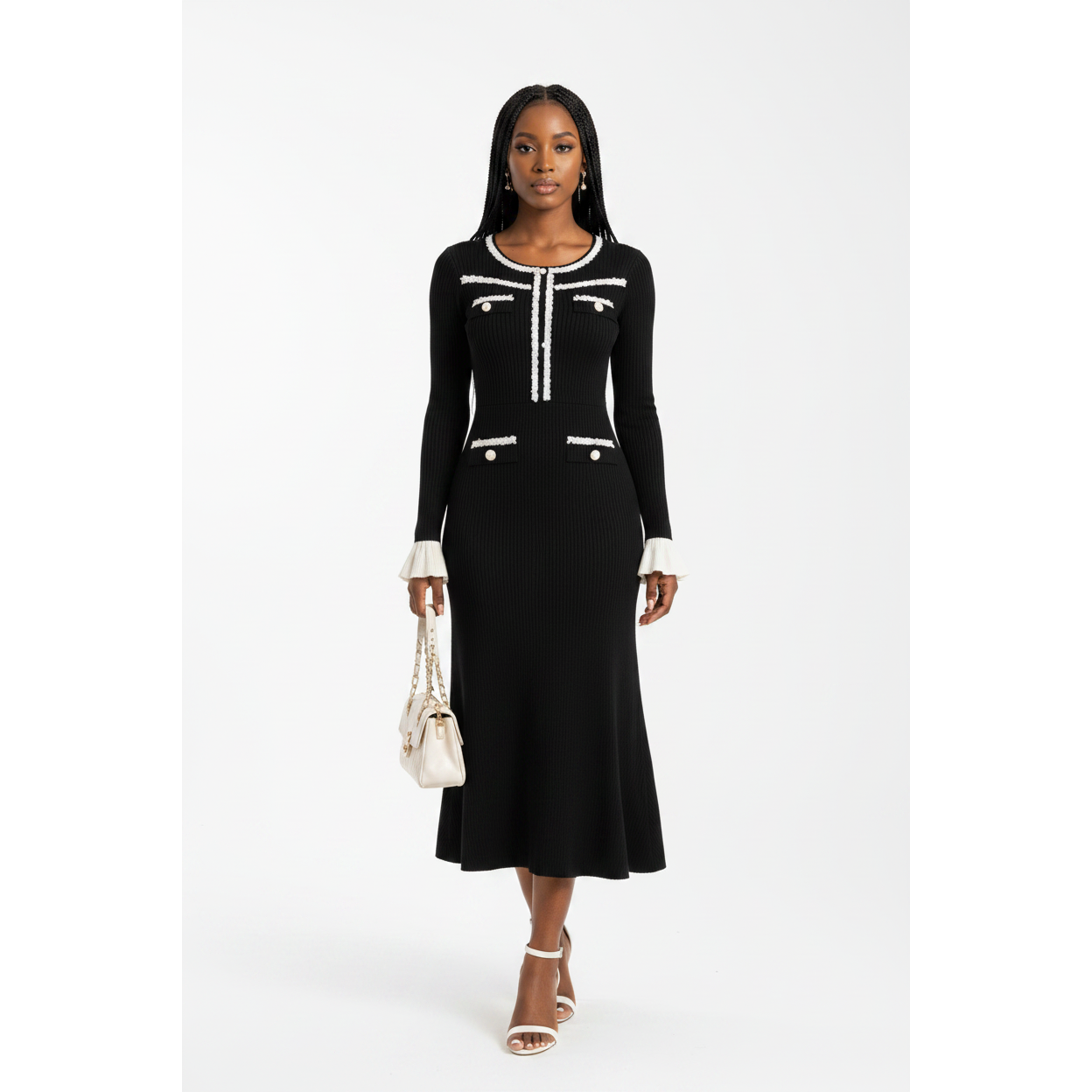 Elegant Knitted Trim Midi Dress