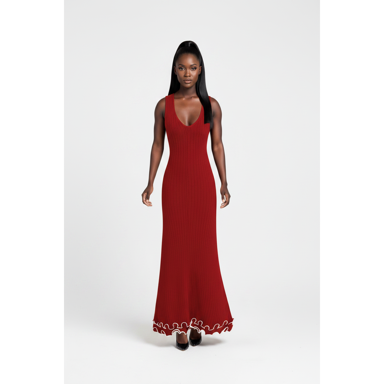 Knitted Sleeveless Trim Hemline Maxi Dress