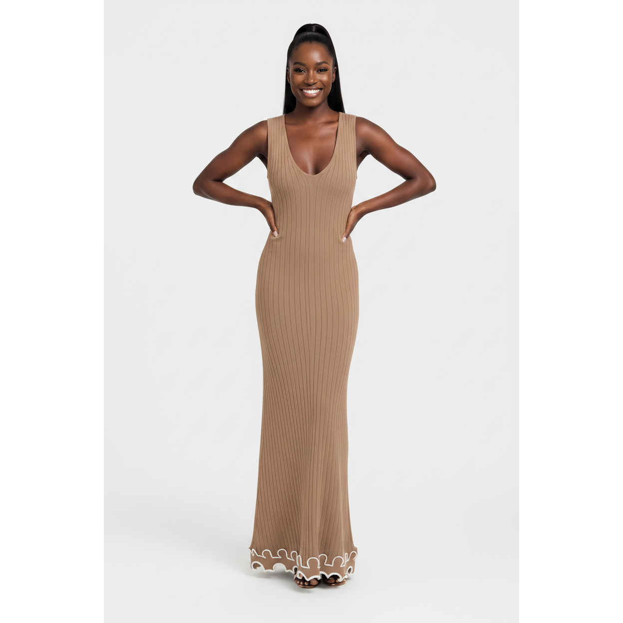 Knitted Sleeveless Trim Hemline Maxi Dress