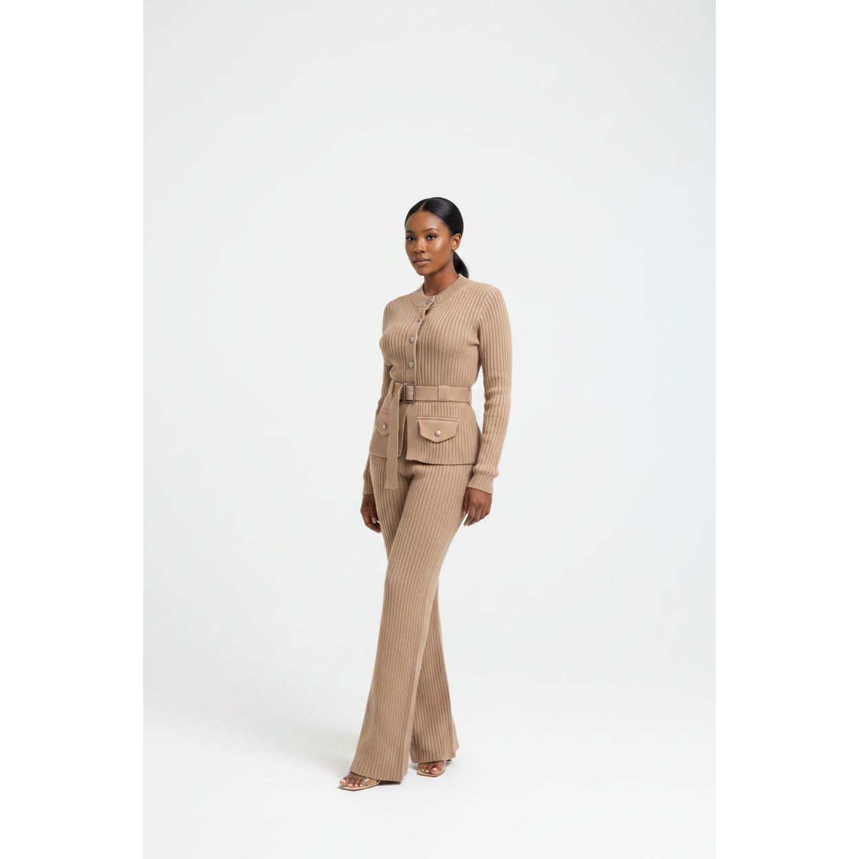 Knitted Button Down Long Sleeve Two Piece Set