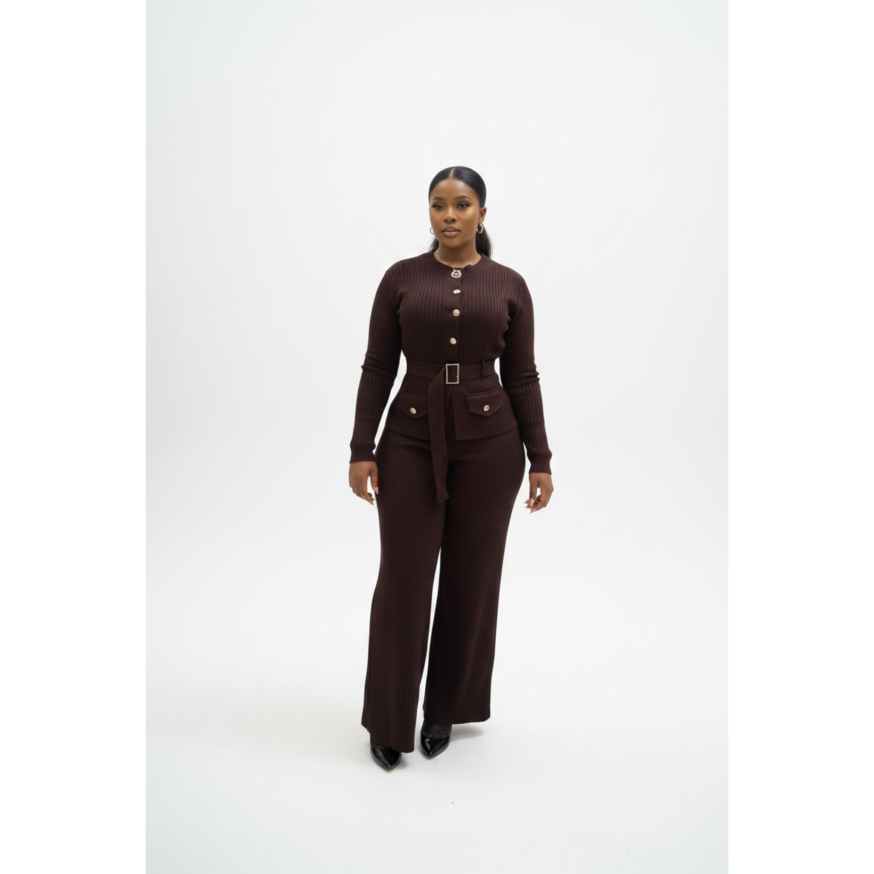 Knitted Button Down Long Sleeve Two Piece Set