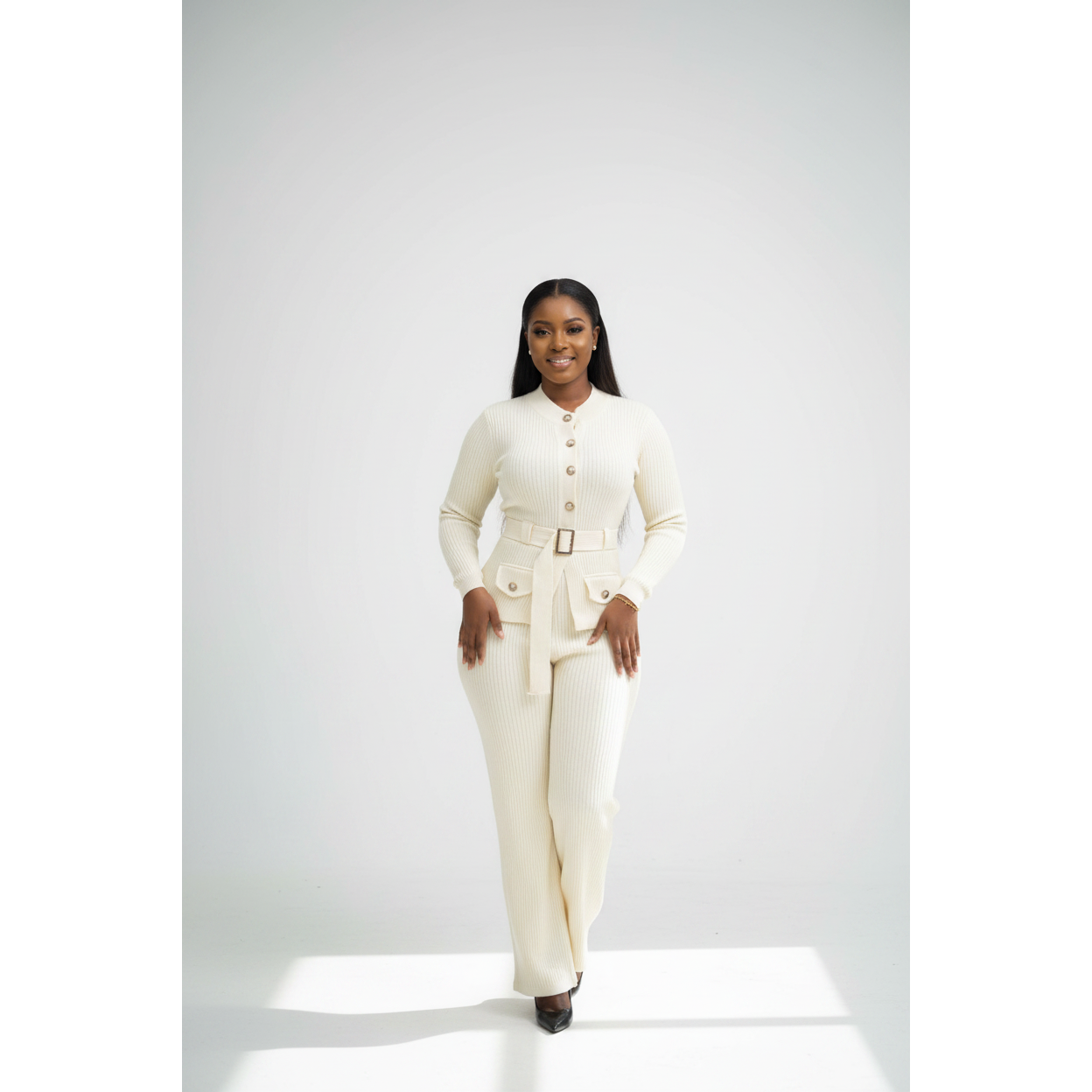 Knitted Button Down Long Sleeve Two Piece Set