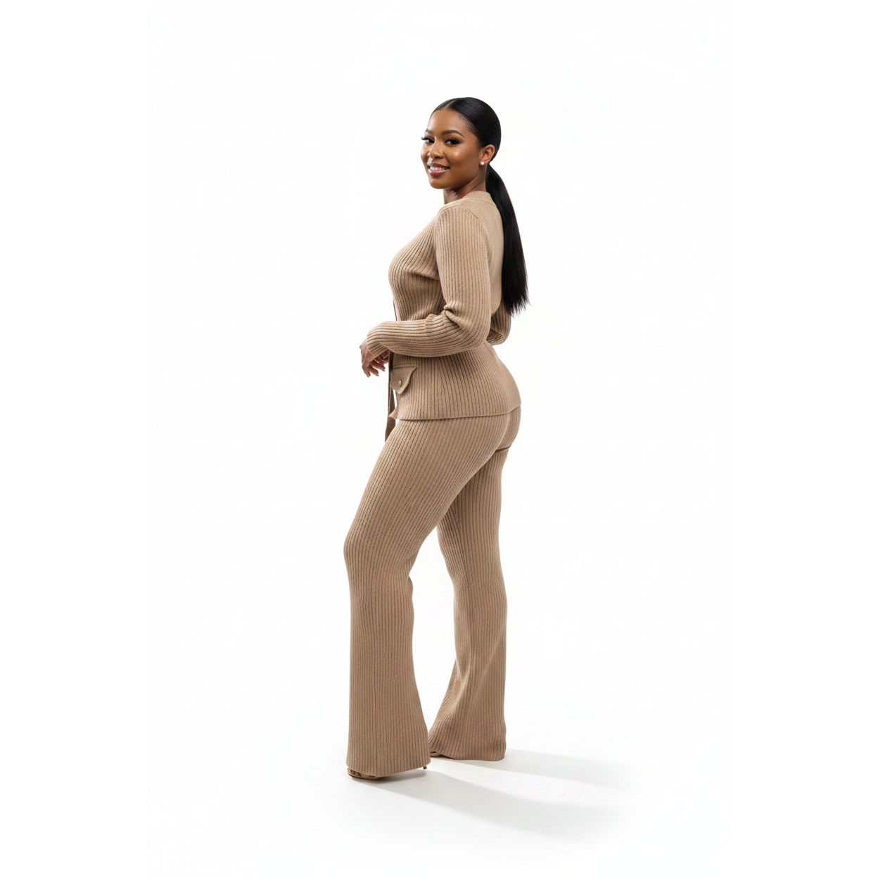 Knitted Button Down Long Sleeve Two Piece Set