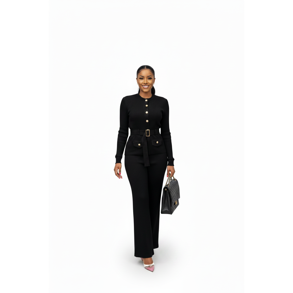 Knitted Button Down Long Sleeve Two Piece Set