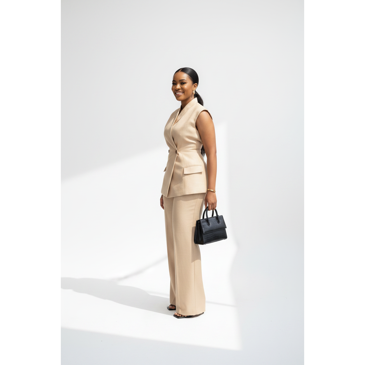 Formal Button-Front Vest Blazer & Wide-Leg Pants Set