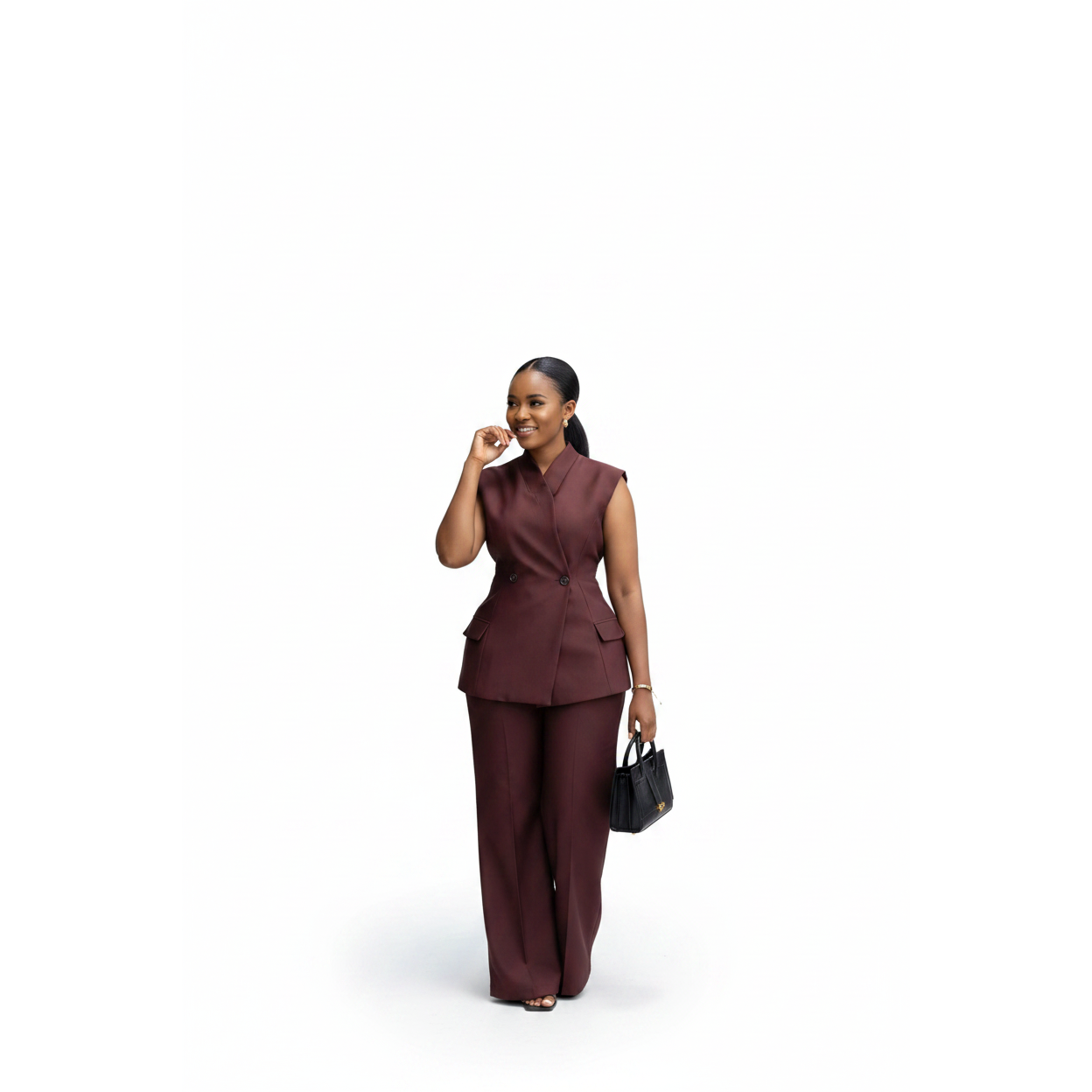 Formal Button-Front Vest Blazer & Wide-Leg Pants Set