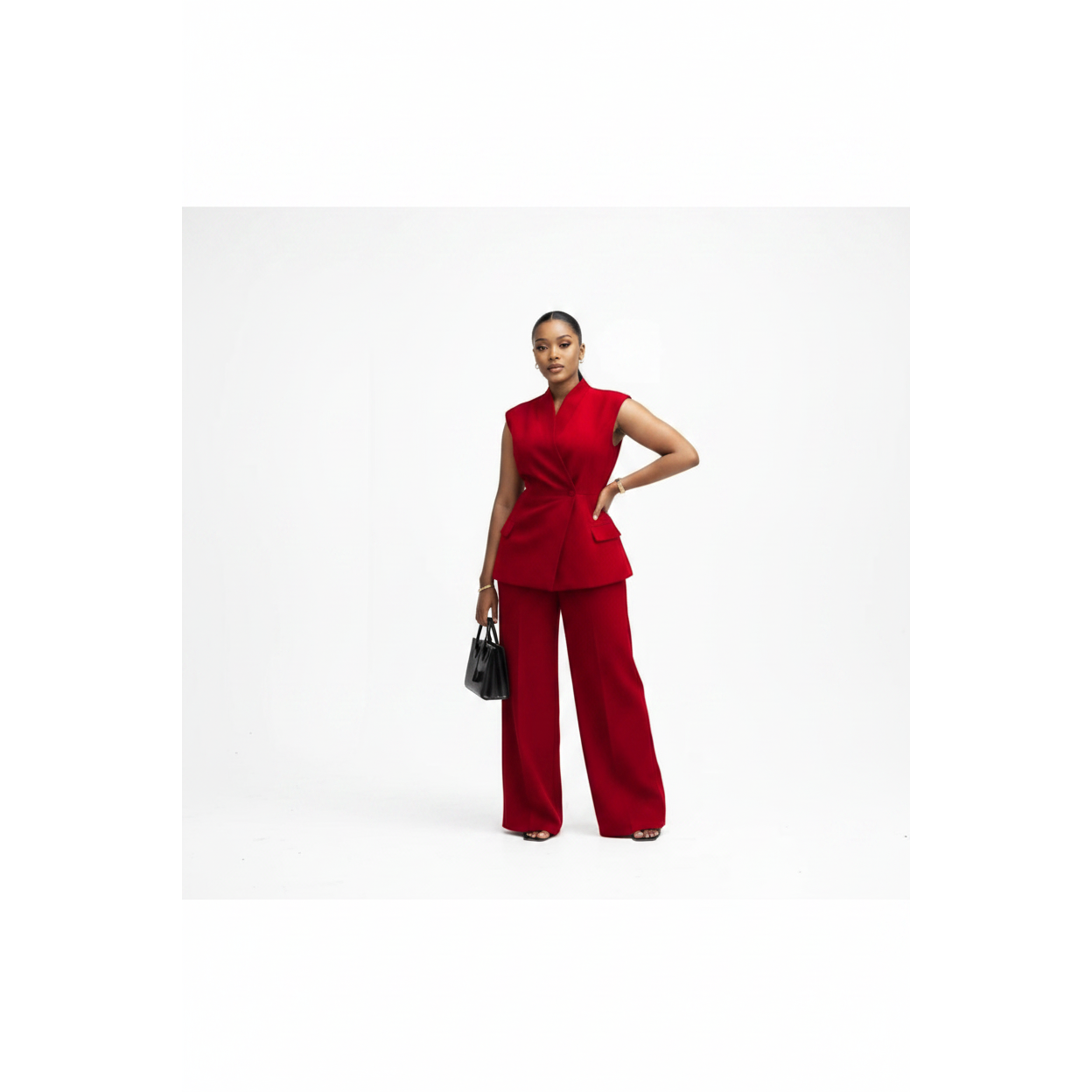 Formal Button-Front Vest Blazer & Wide-Leg Pants Set