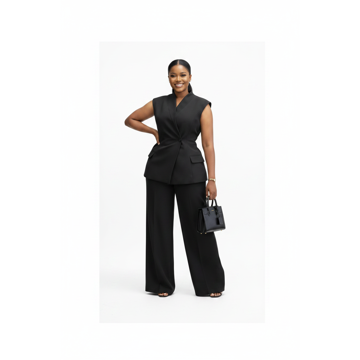 Formal Button-Front Vest Blazer & Wide-Leg Pants Set