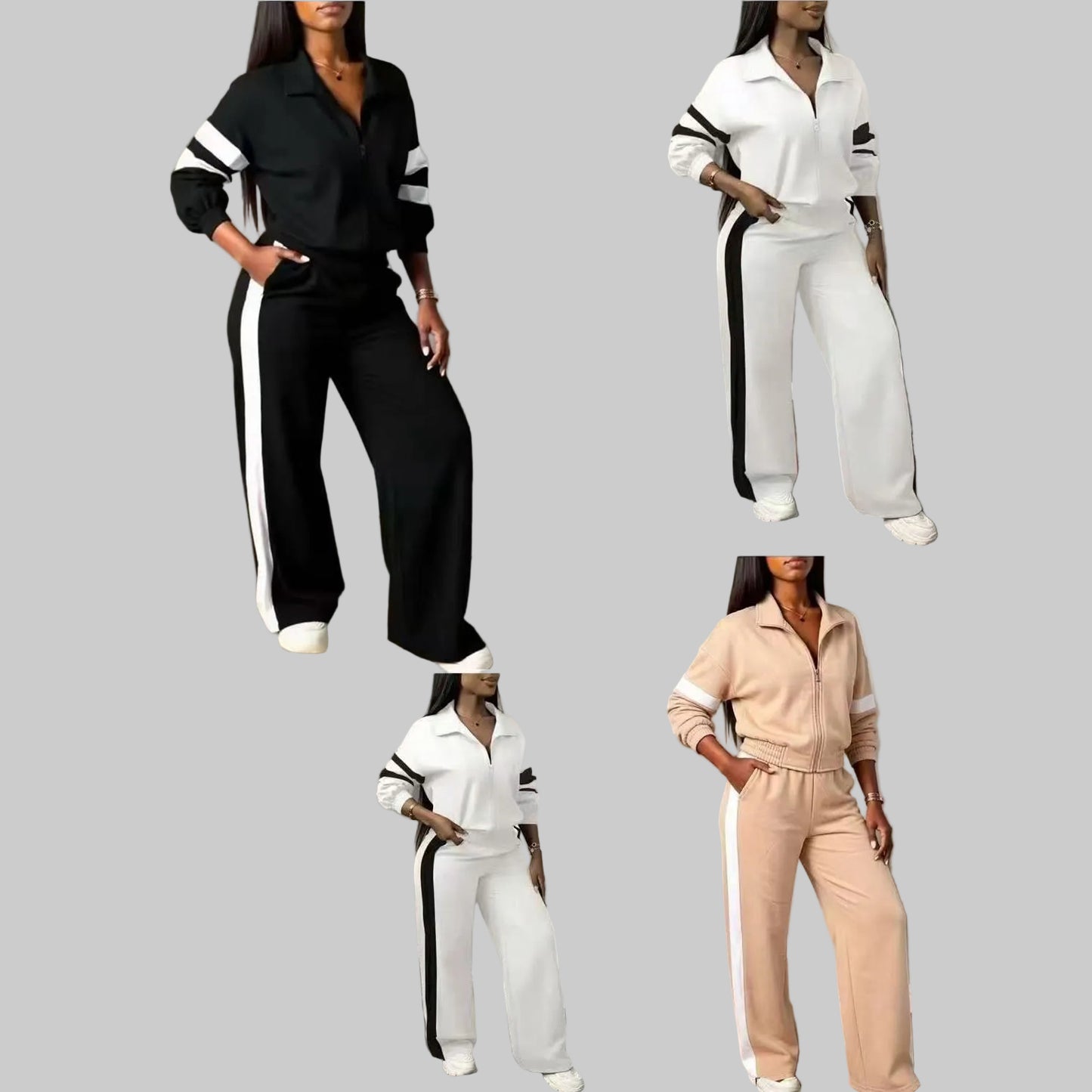 Casual Sportwear Collar Zip Jacket & Wide-Leg Pants