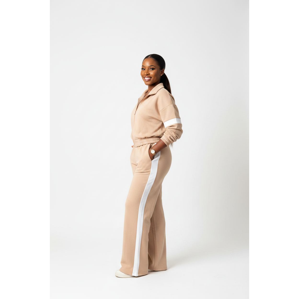 Casual Sportwear Collar Zip Jacket & Wide-Leg Pants