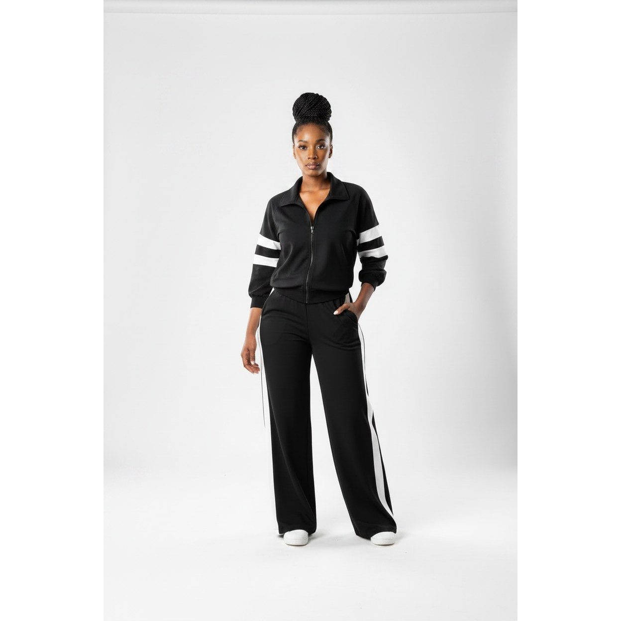 Casual Sportwear Collar Zip Jacket & Wide-Leg Pants